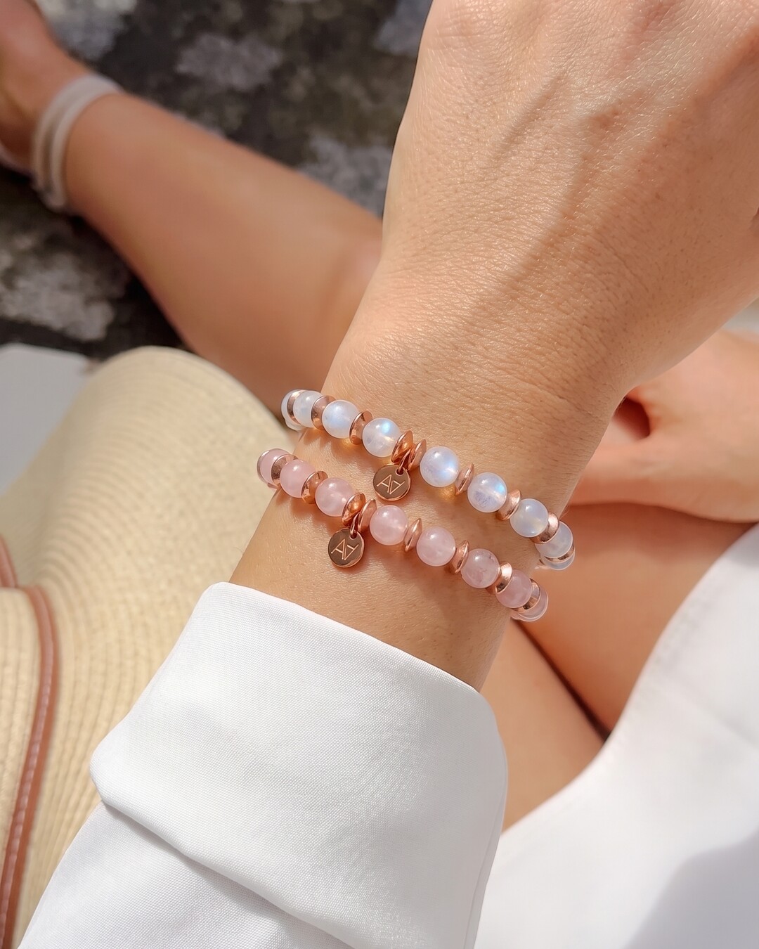 Armband Rosenquarz und Mondstein Duo Himmlische Zartheit